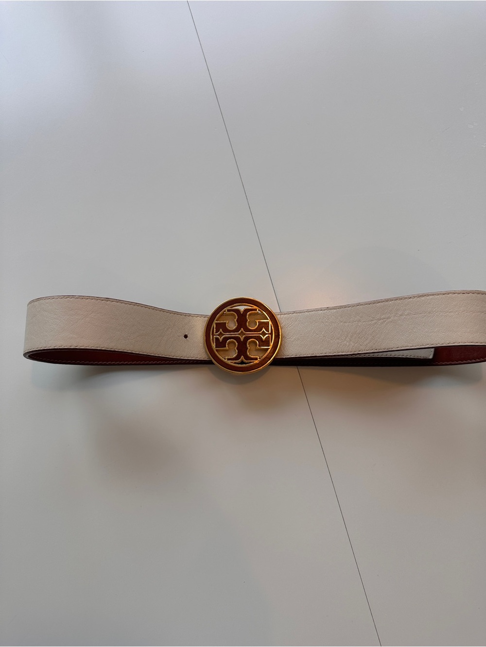 Tory Burch Cream Leather Belt with Gold Logo Buckle